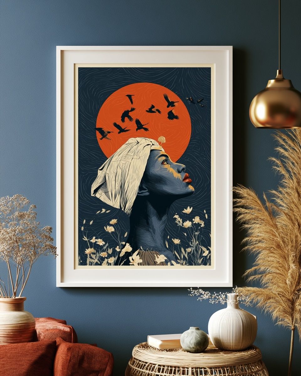 Moonlit Woman and Birds Illustration Poster. poster — illustration art