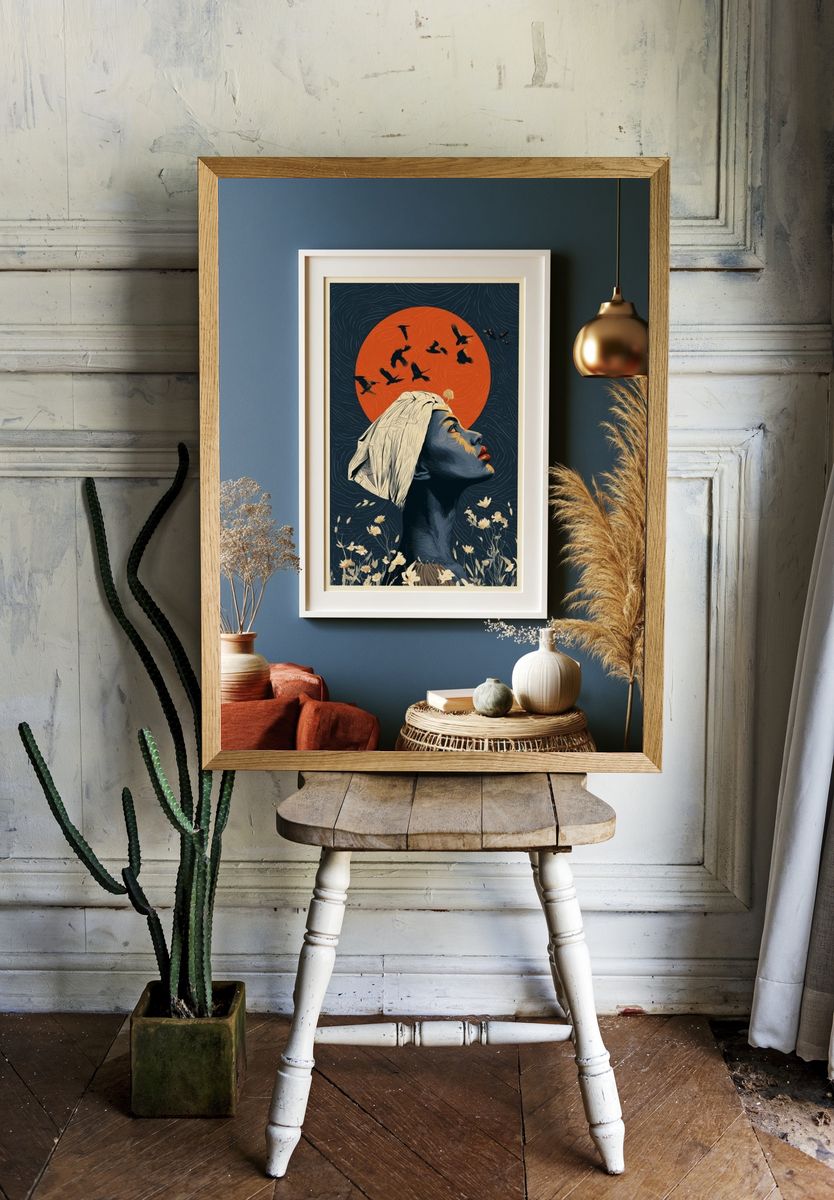 Moonlit Woman and Birds Illustration Poster. — room view 1