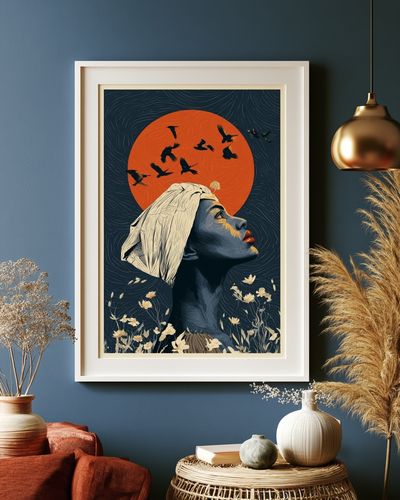 Moonlit Woman and Birds Illustration Poster.
