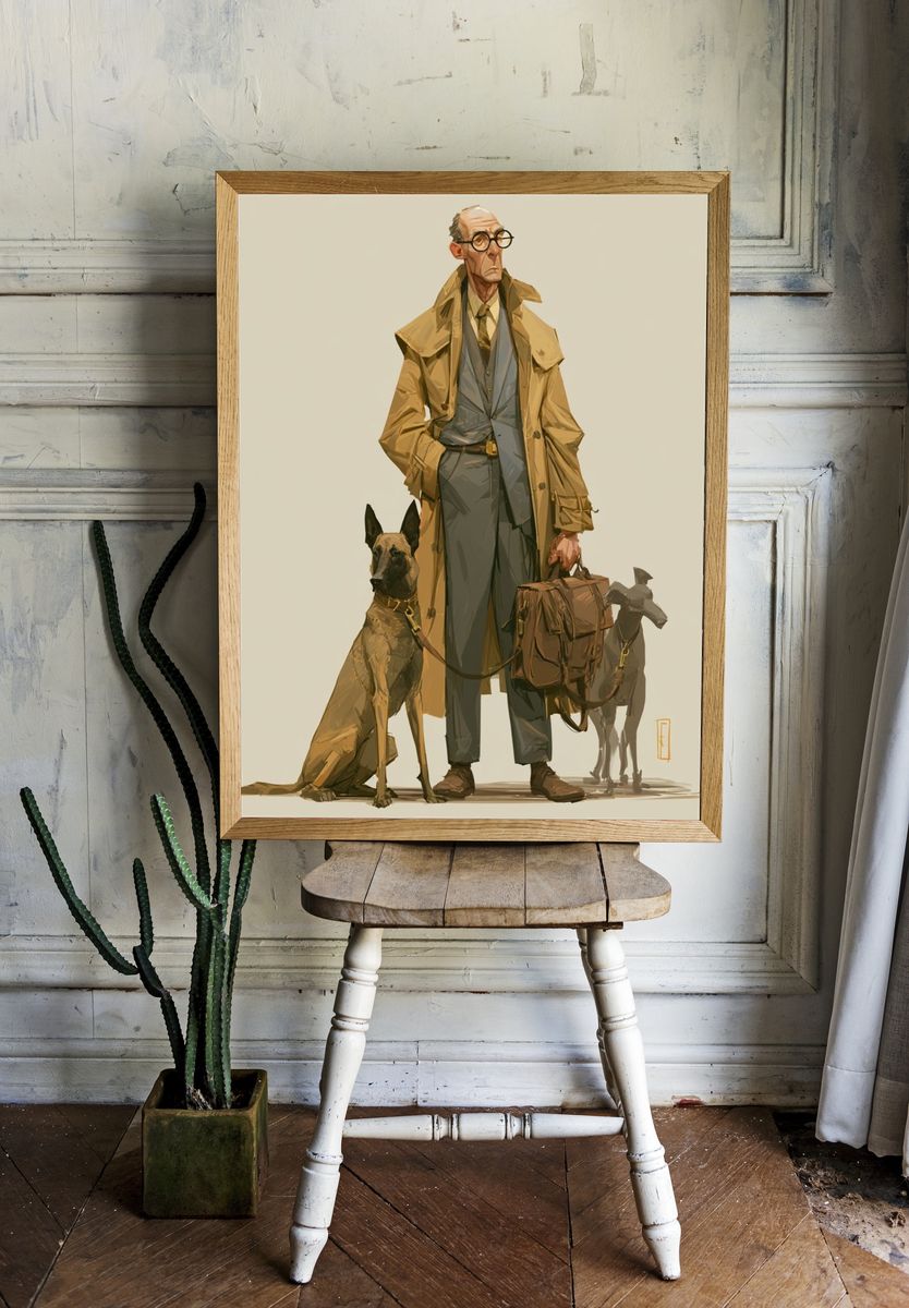Trench Coat Man and Dogs Illustration Poster. room preview