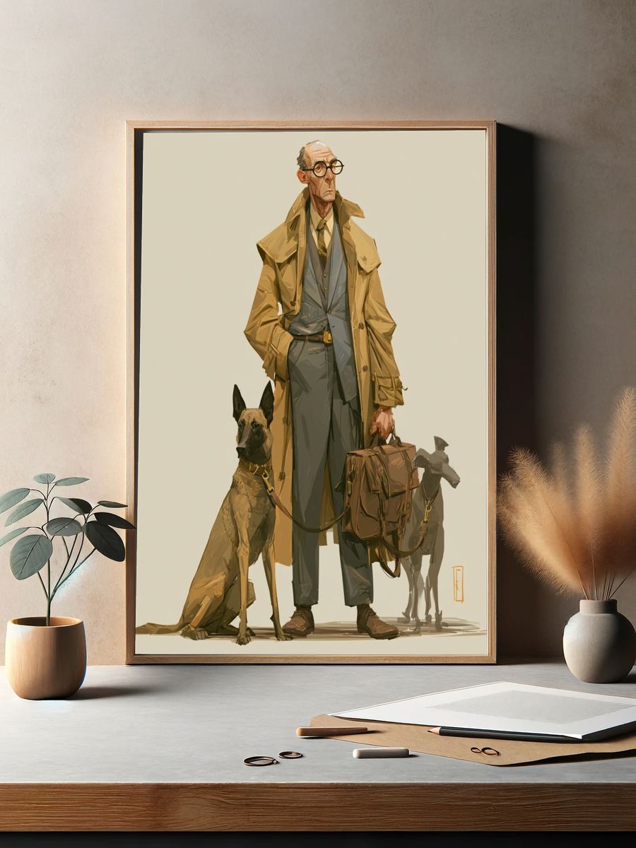 Trench Coat Man and Dogs Illustration Poster. — room view 2