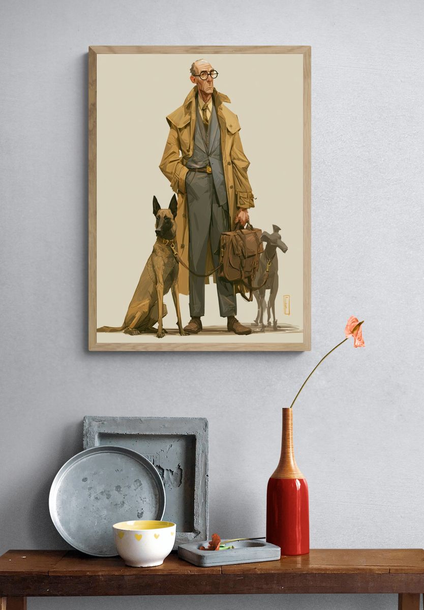 Trench Coat Man and Dogs Illustration Poster. — room view 3