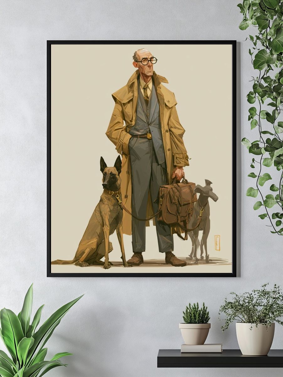 Trench Coat Man and Dogs Illustration Poster. — room view 4