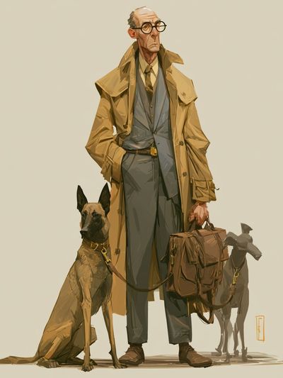 Trench Coat Man and Dogs Illustration Poster.