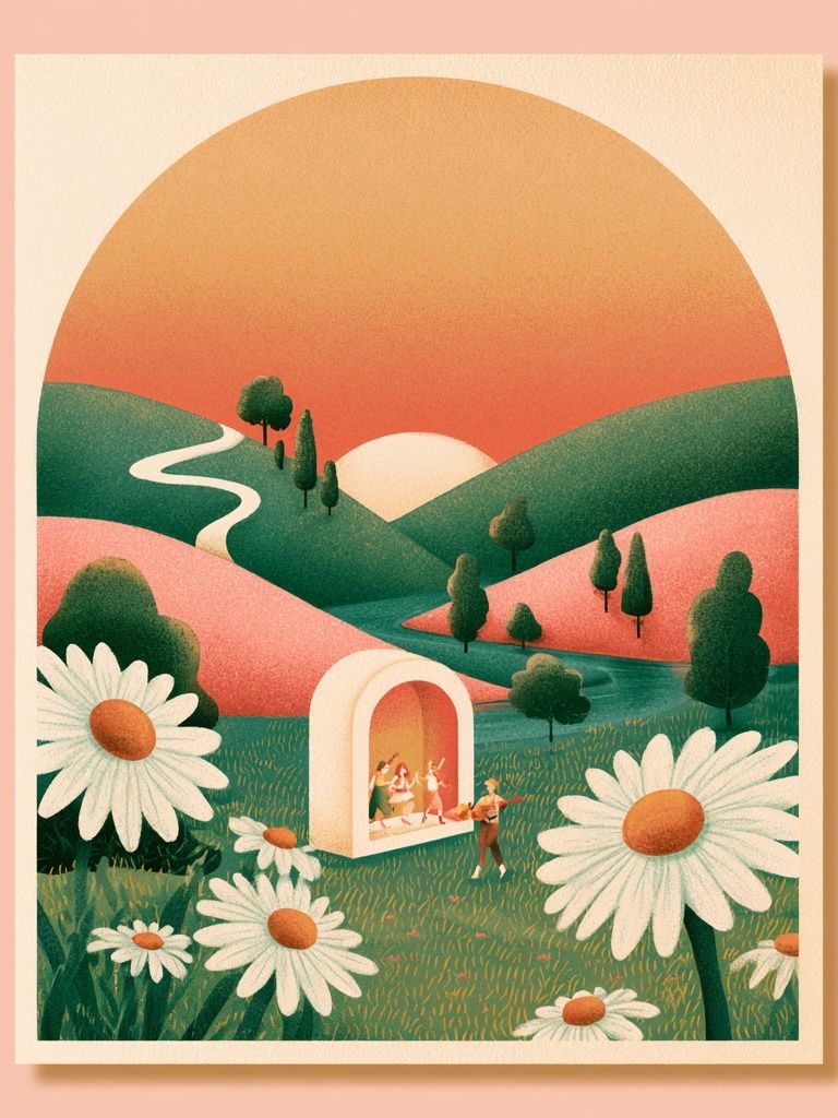 Sunset Meadow Illustration Poster. poster — illustration art