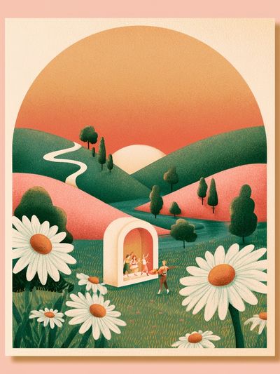 Sunset Meadow Illustration Poster.