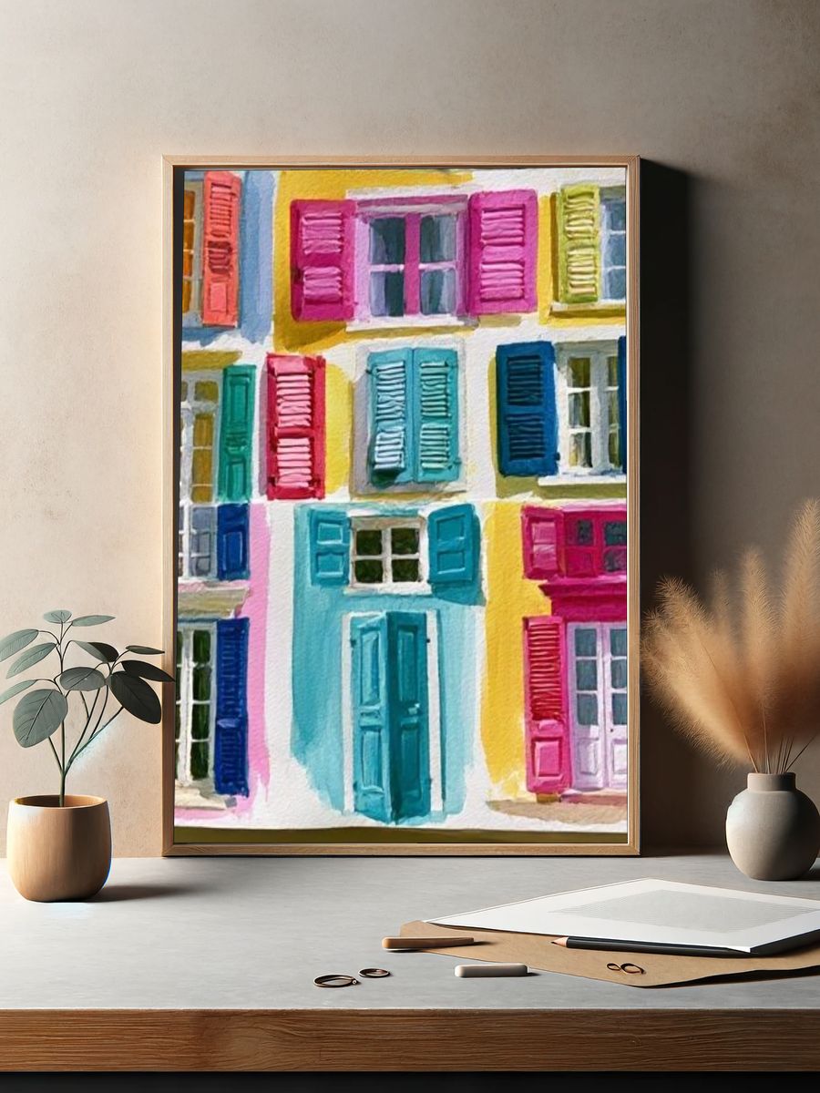 Colorful Shuttered Facades Illustration Poster. — room view 2