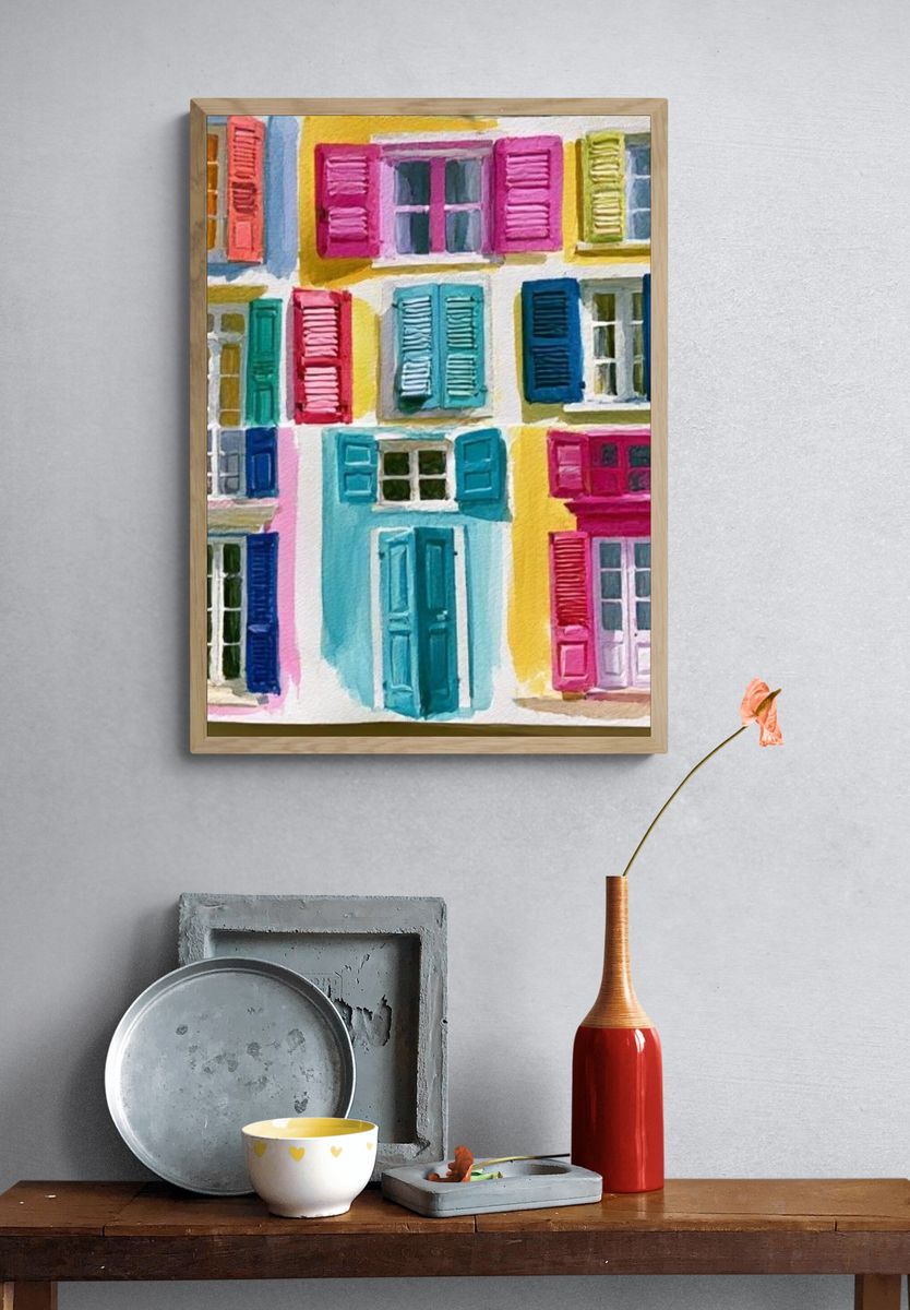 Colorful Shuttered Facades Illustration Poster. — room view 3