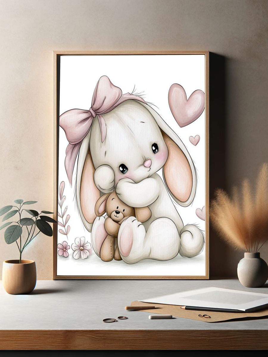 Cute Bunny with Teddy Illustration Poster. — room view 2