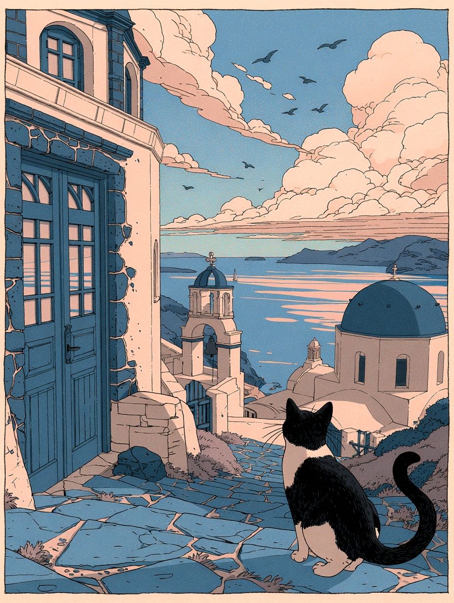Cat Overlooking Santorini — Illustration Print. poster detail