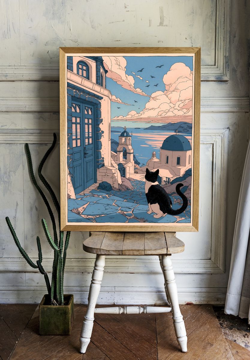 Cat Overlooking Santorini — Illustration Print. room preview