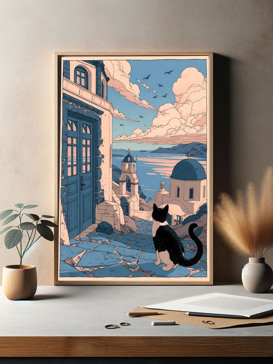 Cat Overlooking Santorini — Illustration Print. — room view 2