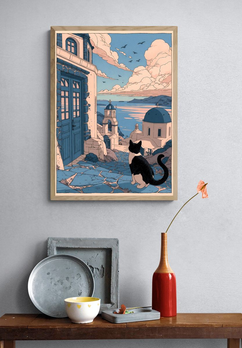 Cat Overlooking Santorini — Illustration Print. — room view 3