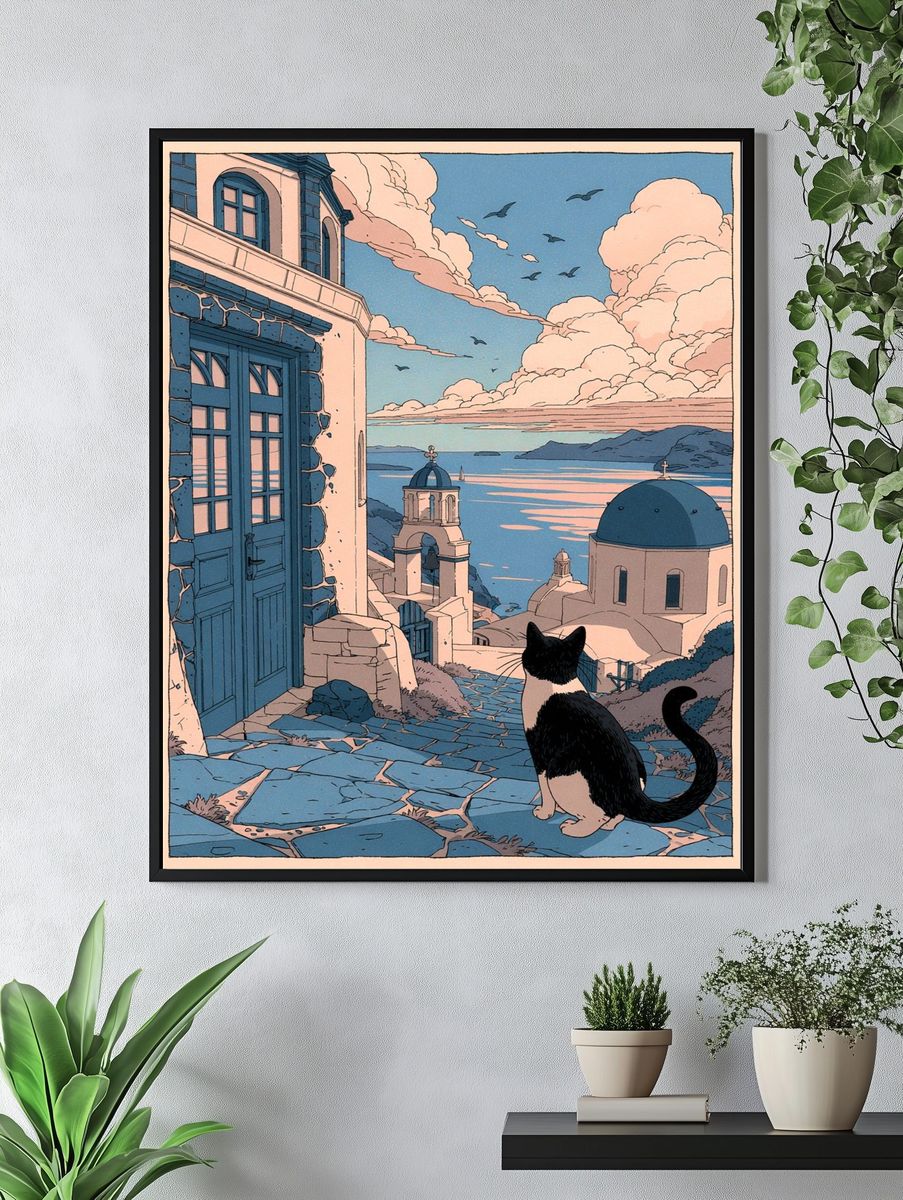 Cat Overlooking Santorini — Illustration Print. — room view 4