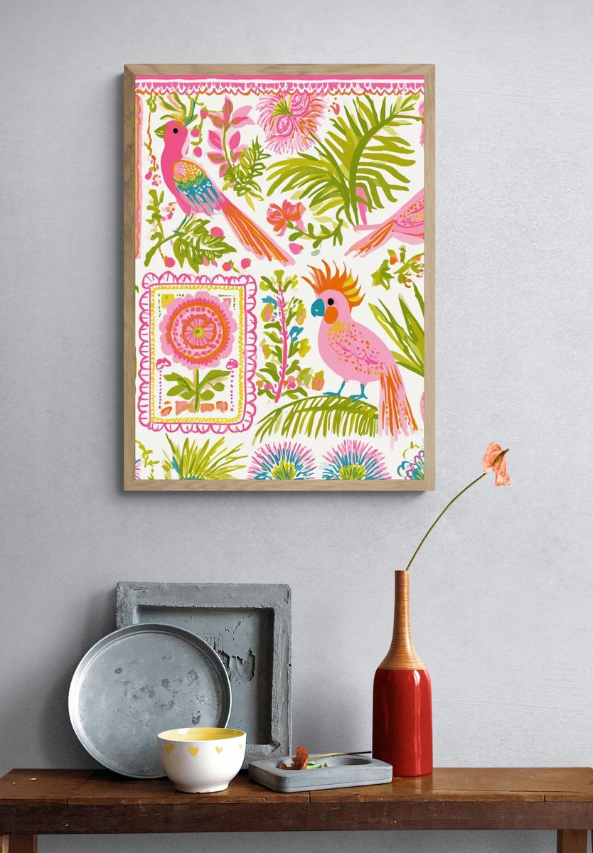Tropical Birds Illustration Poster. — room view 3