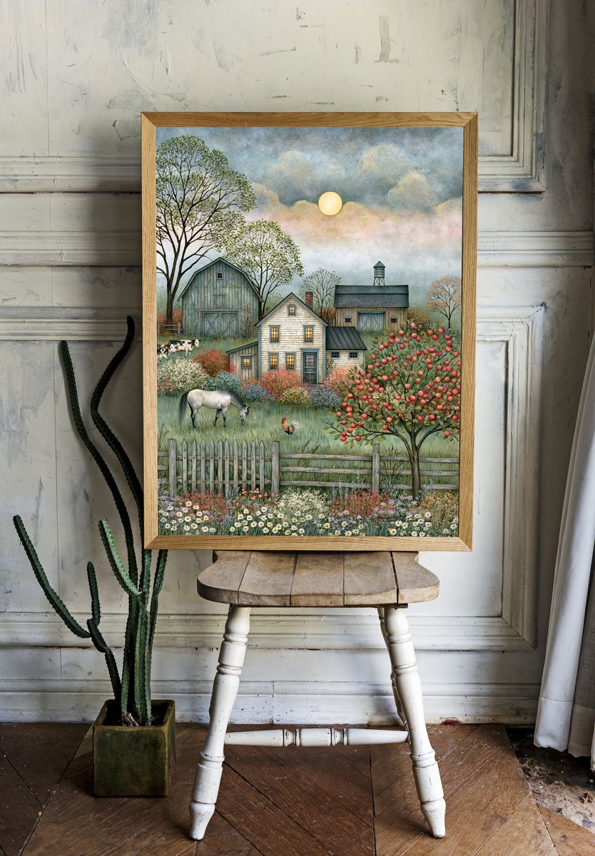 Pastoral Farmhouse Landscape Print. room preview