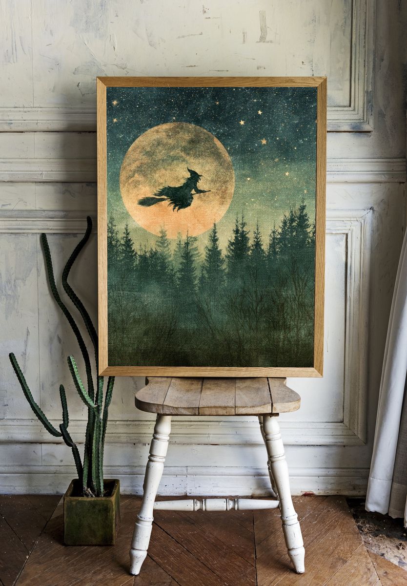 Witch Silhouette Moonlit Forest Poster. room preview