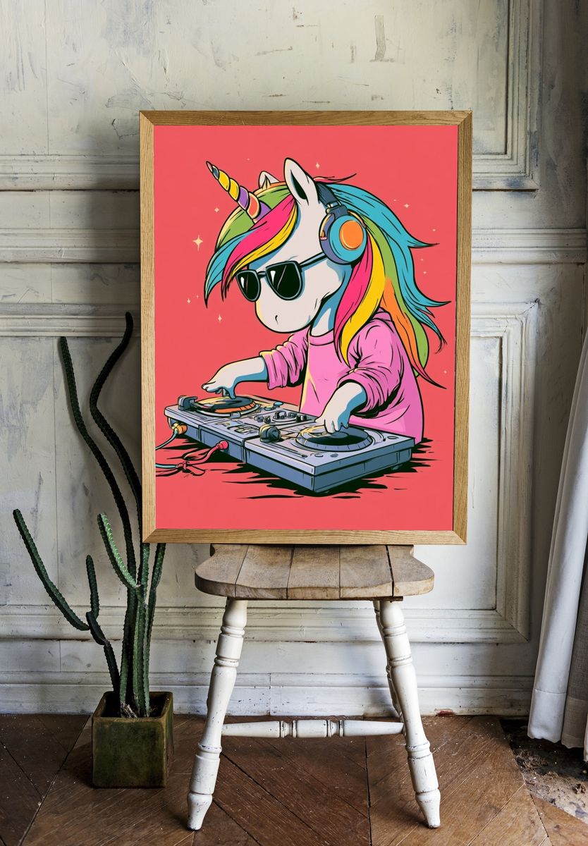Unicorn DJ Illustration Poster. room preview