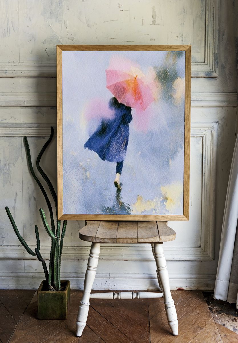Umbrella Walk in Rainwater Illustration Poster. room preview