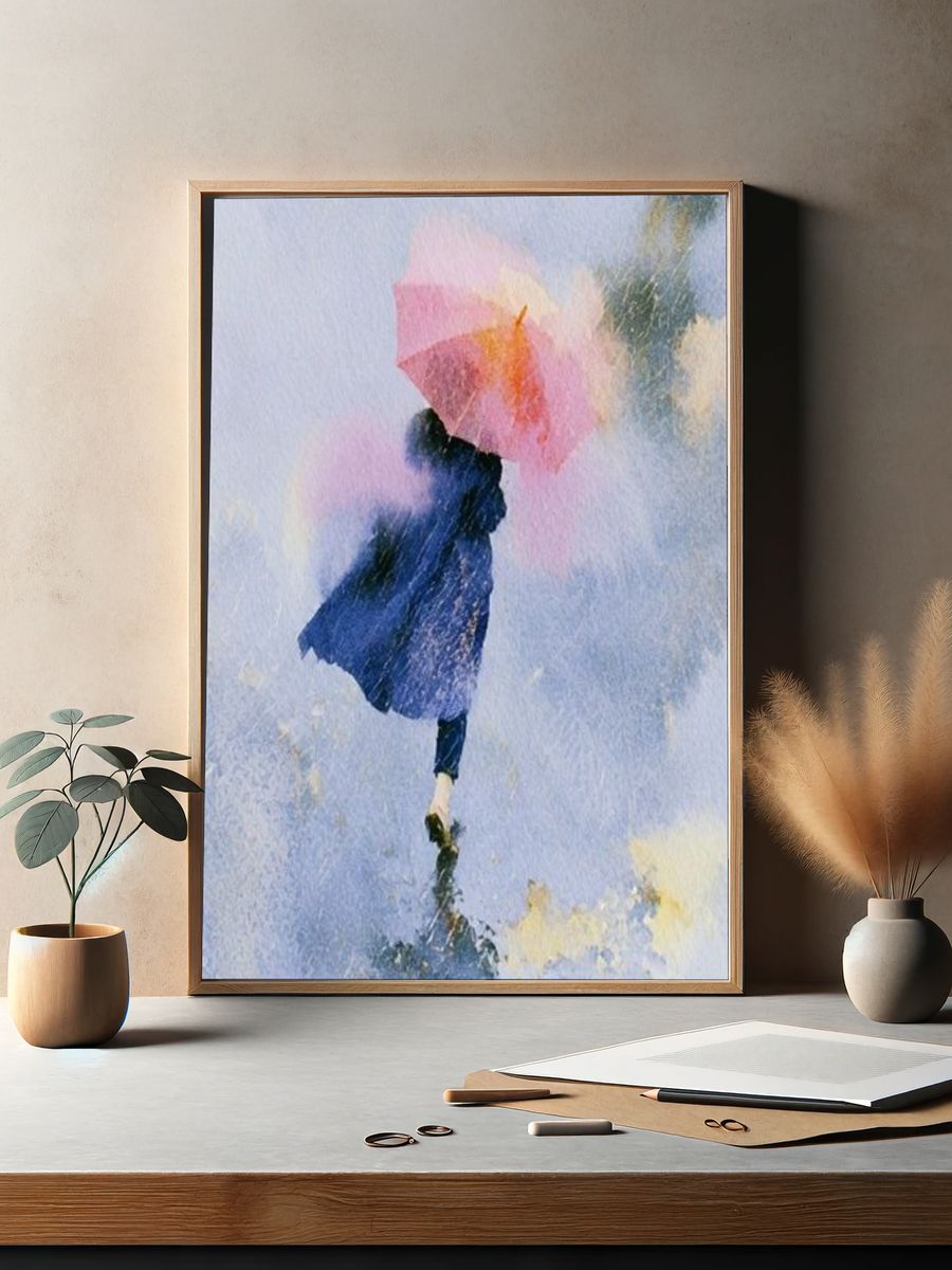 Umbrella Walk in Rainwater Illustration Poster. — room view 2