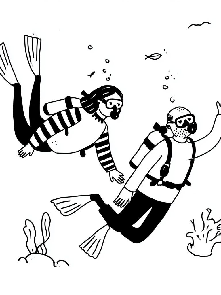 Scuba Divers Line Art Poster. poster detail