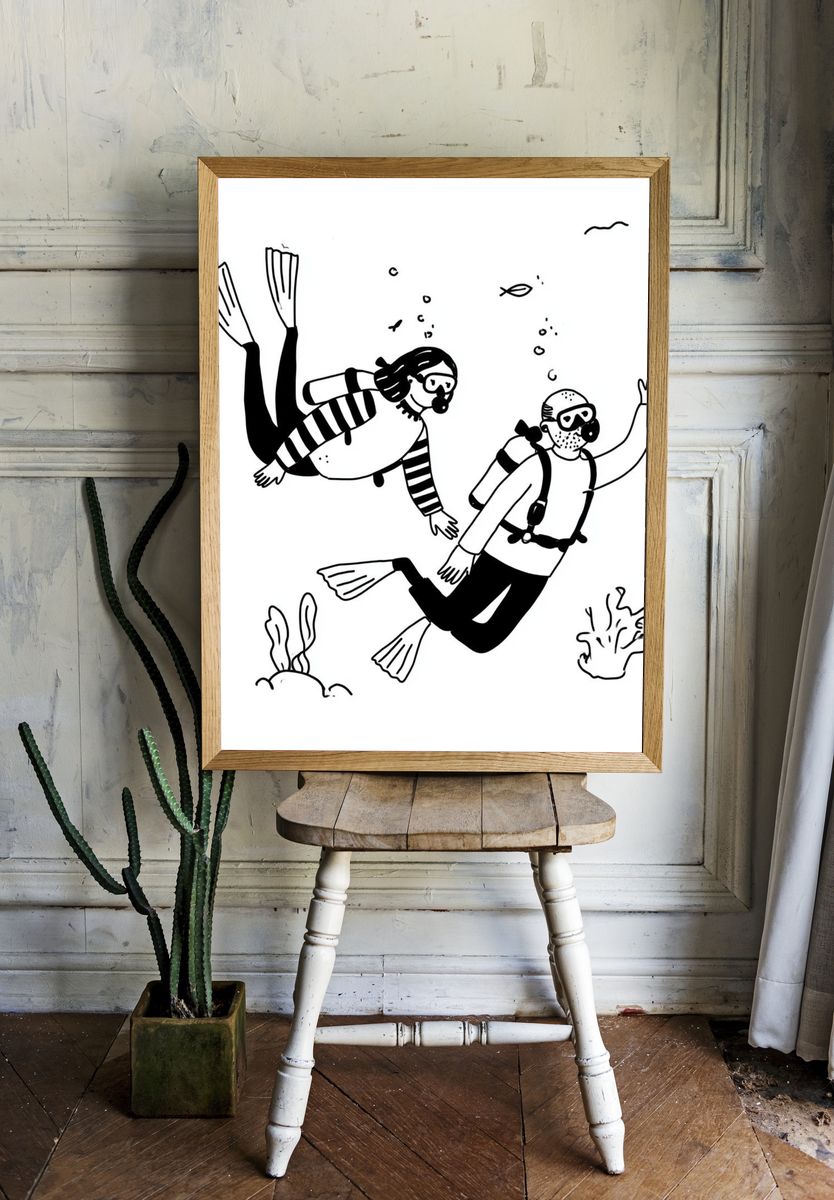 Scuba Divers Line Art Poster. room preview