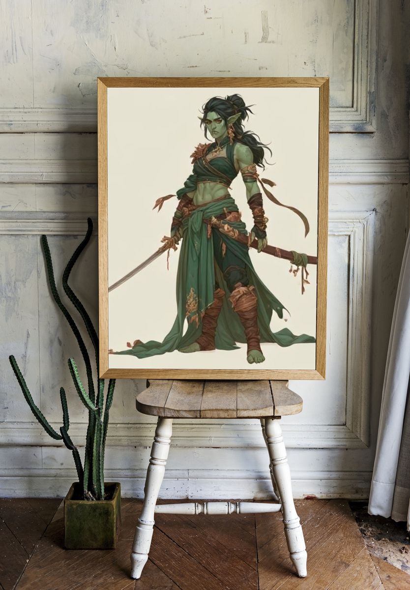 Green Fantasy Warrior Illustration Poster. — room view 1