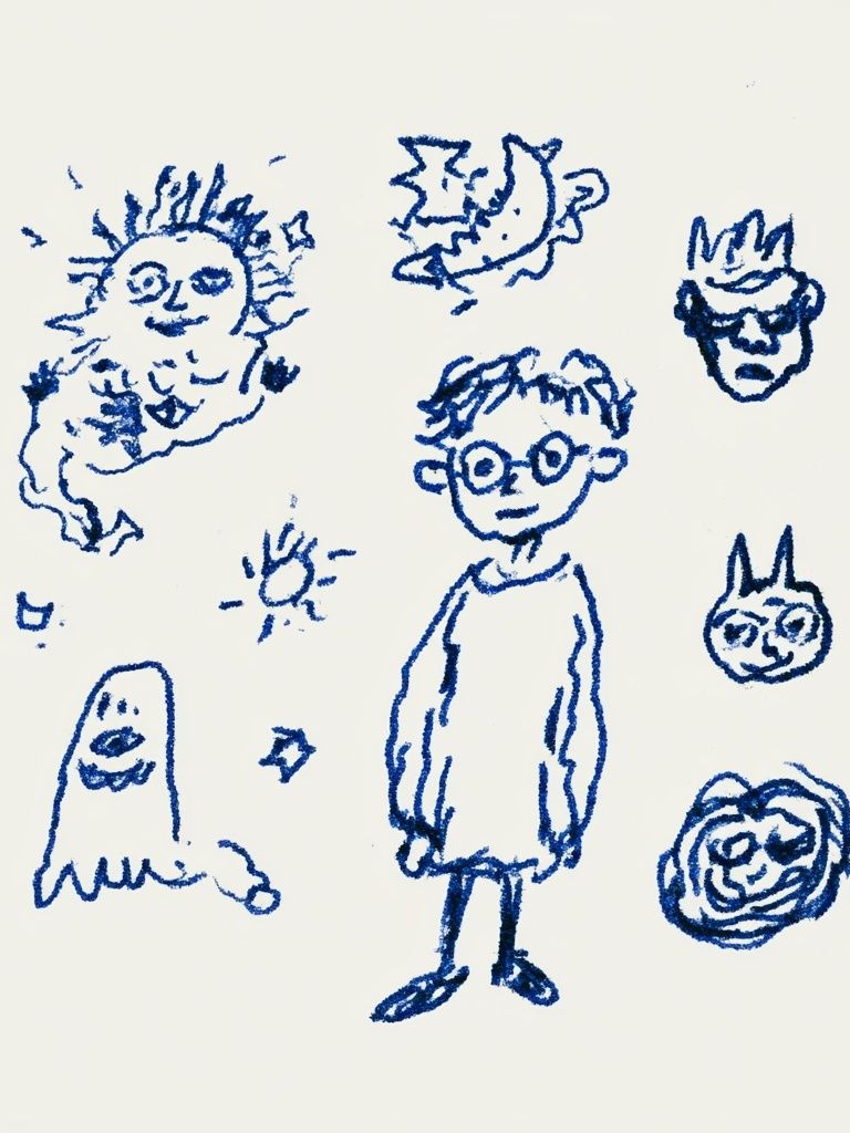 Blue Doodle Faces Illustration Print. poster detail