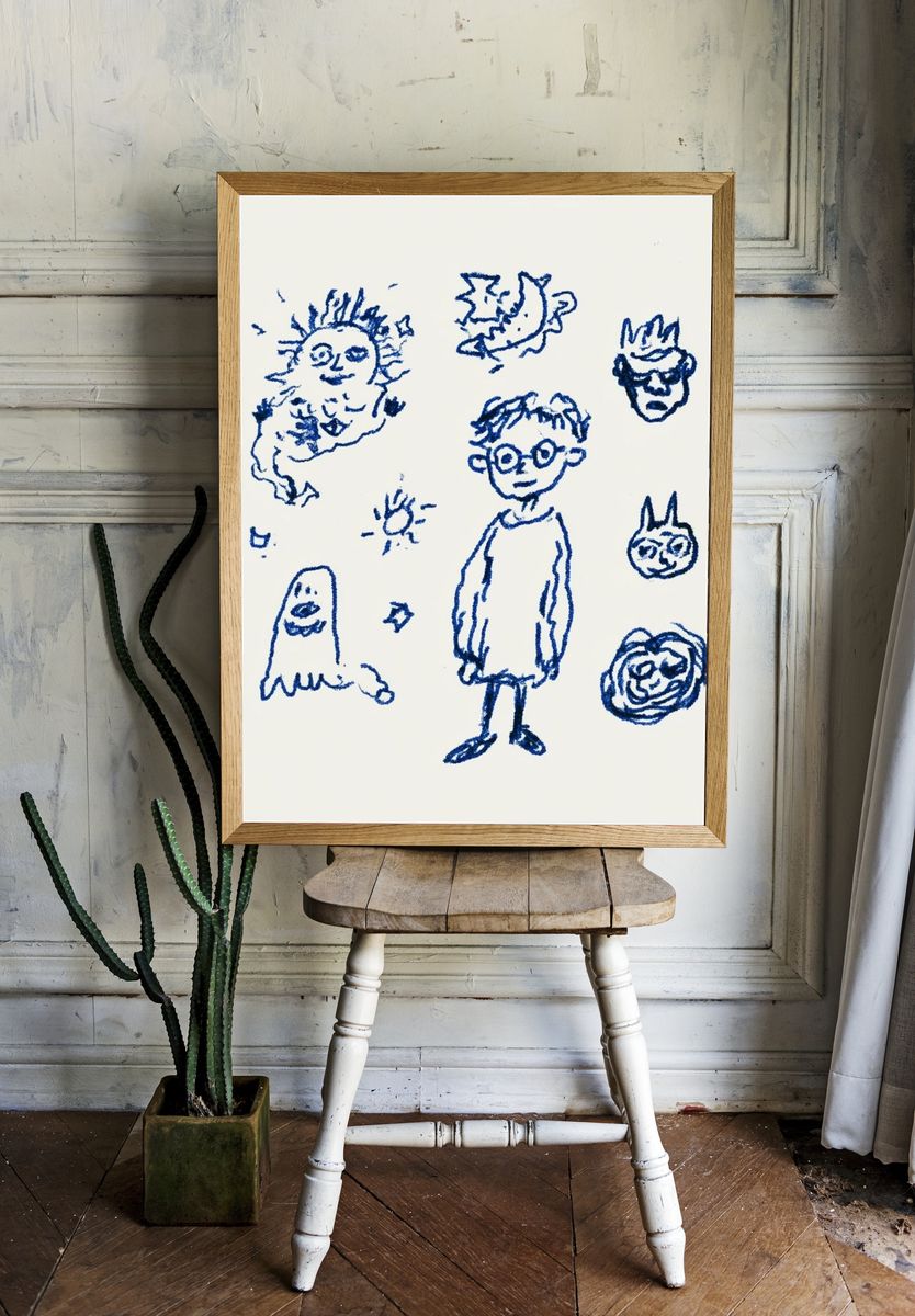 Blue Doodle Faces Illustration Print. room preview