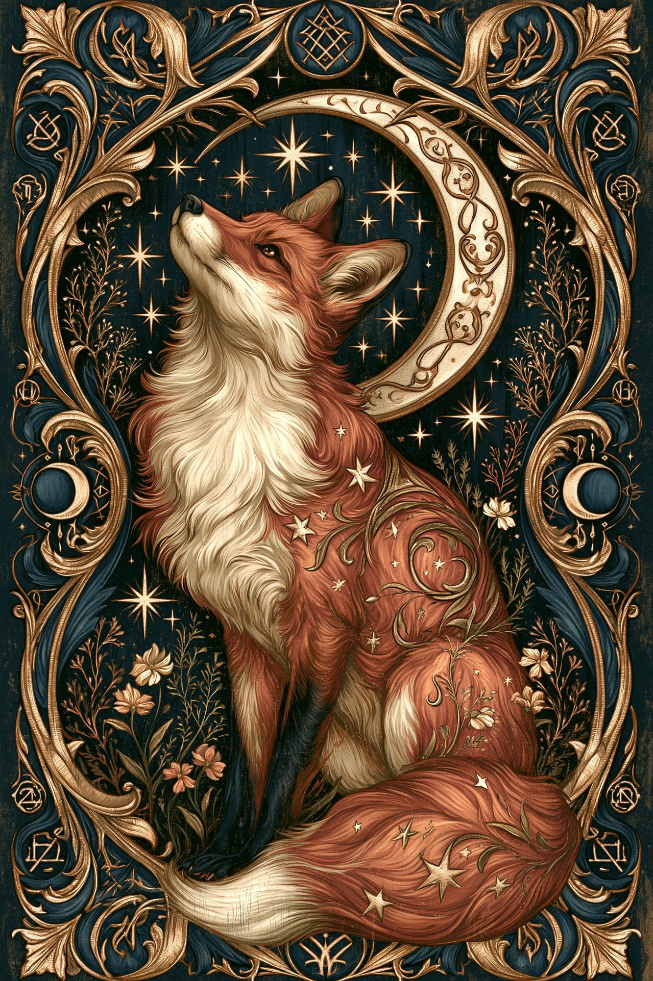 Celestial Fox Art Nouveau Poster. poster — illustration art