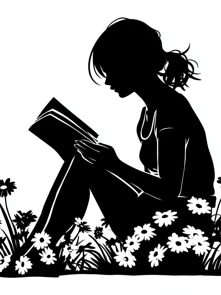 Girl Reading in Flowers Silhouette Poster. poster detail
