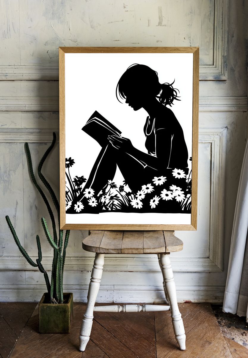 Girl Reading in Flowers Silhouette Poster. room preview