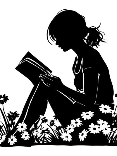 Girl Reading in Flowers Silhouette Poster.