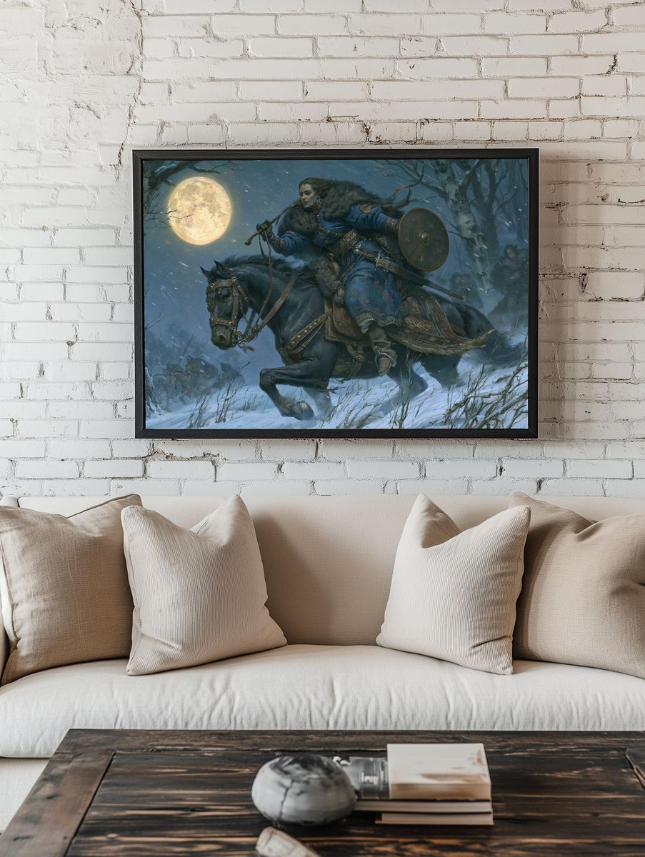 Moonlit Warrior on Horseback Print. room preview