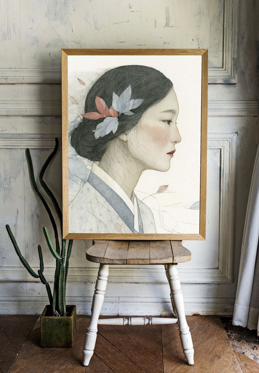 Elegant Geisha Portrait Print. room preview