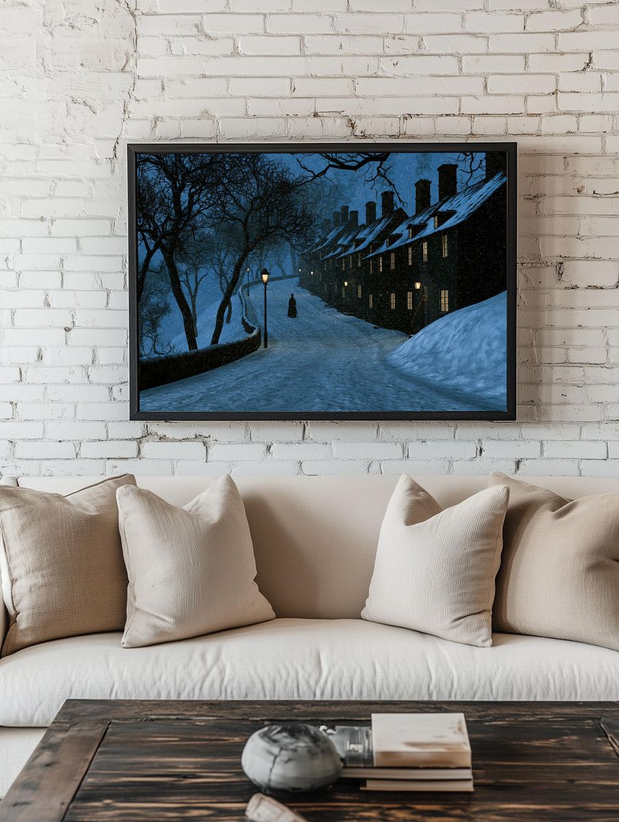Snowy Night Village Illustration Poster. room preview