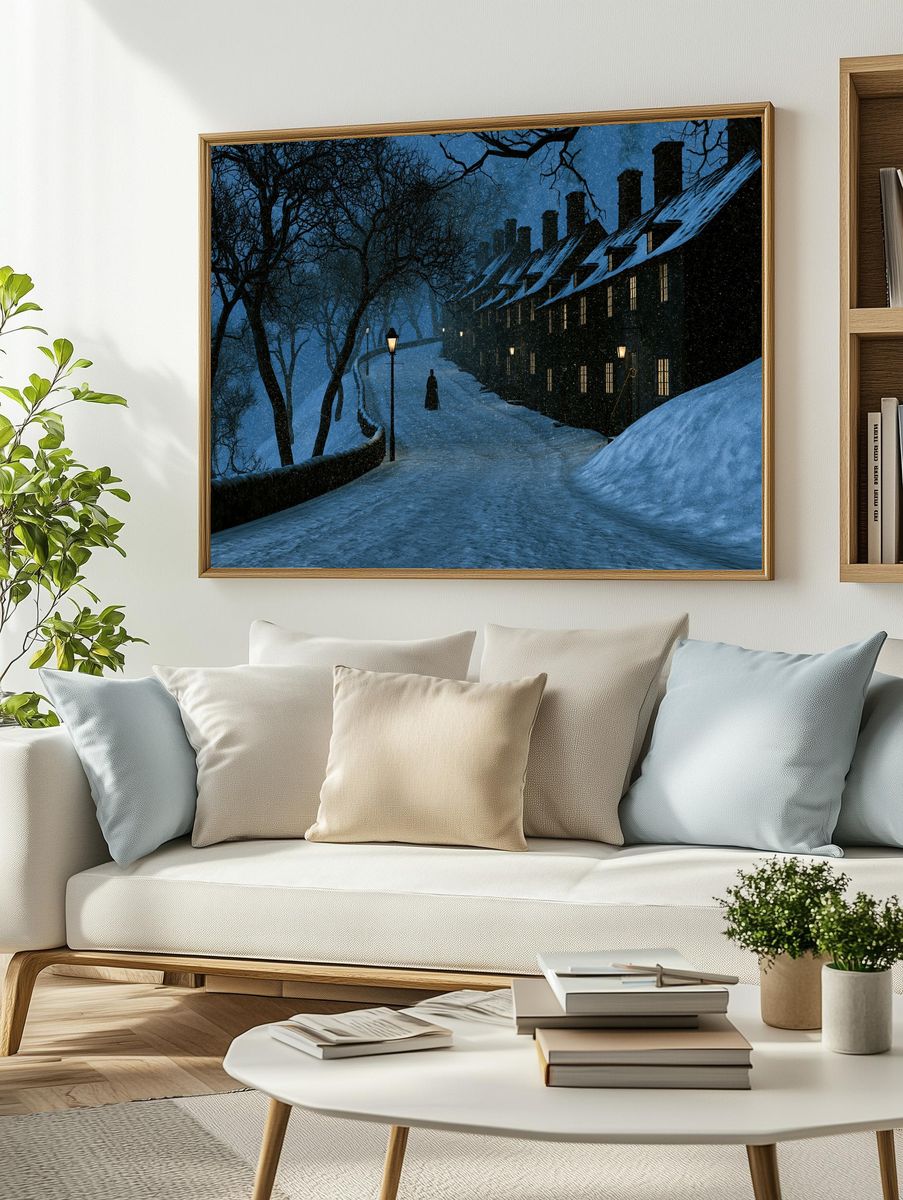 Snowy Night Village Illustration Poster. — room view 2
