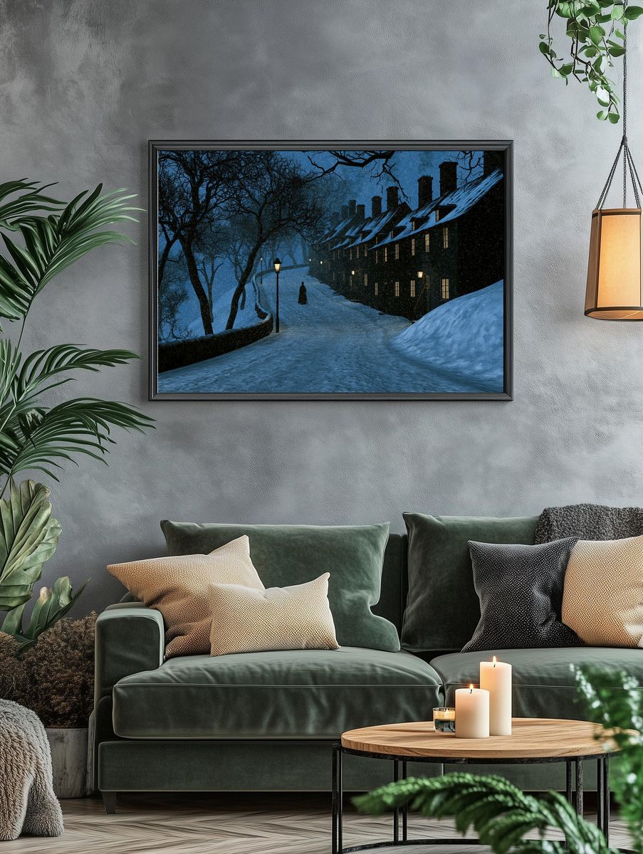 Snowy Night Village Illustration Poster. — room view 4