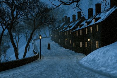 Snowy Night Village Illustration Poster. poster