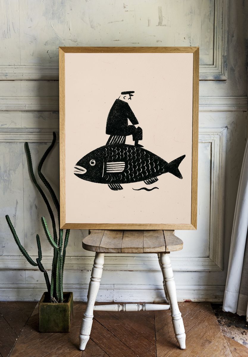 Fisherman on Fish Illustration Poster. room preview