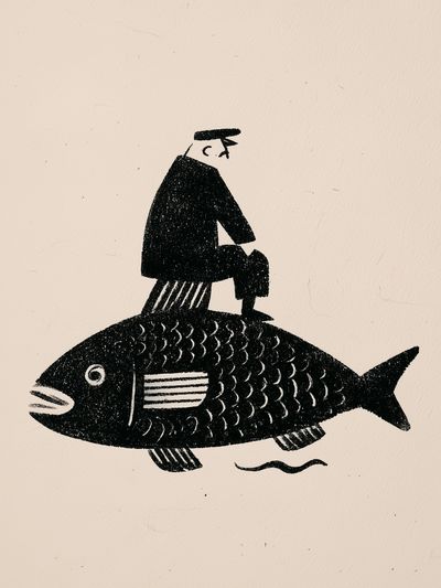 Fisherman on Fish Illustration Poster.