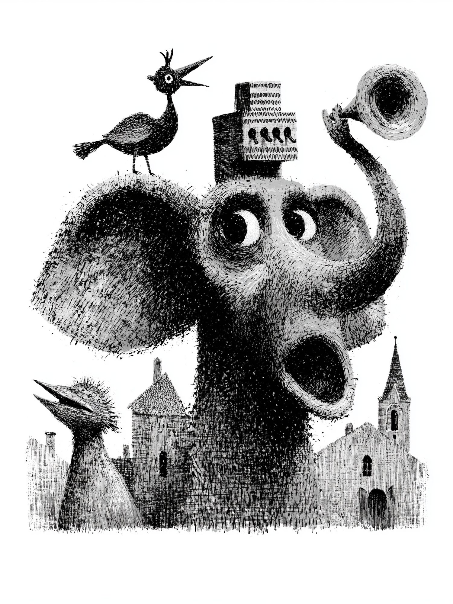 Surreal Bird and Elephant Print. poster — illustration art