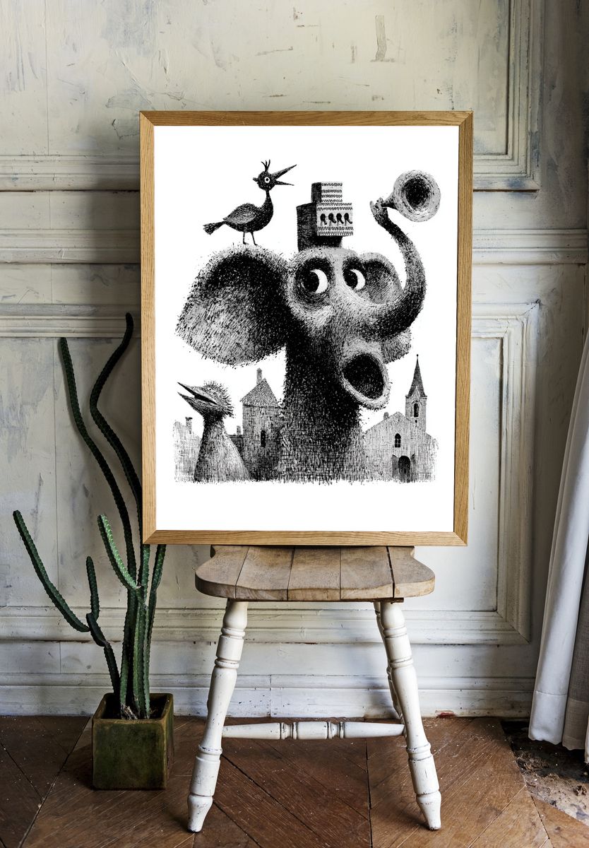 Surreal Bird and Elephant Print. room preview
