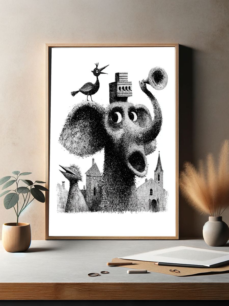 Surreal Bird and Elephant Print. — room view 2