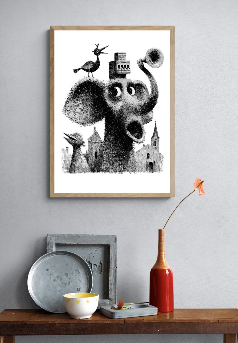 Surreal Bird and Elephant Print. — room view 3