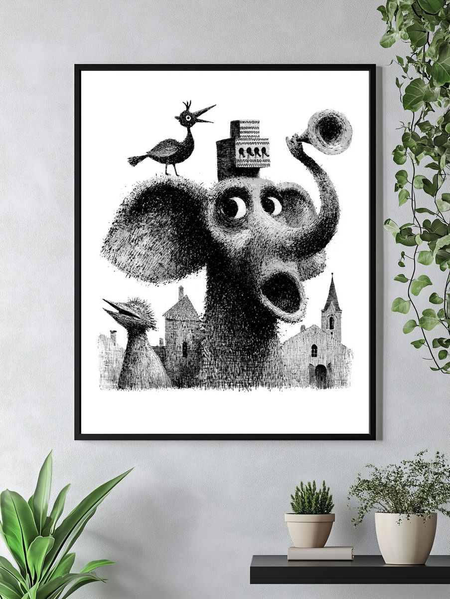 Surreal Bird and Elephant Print. — room view 4