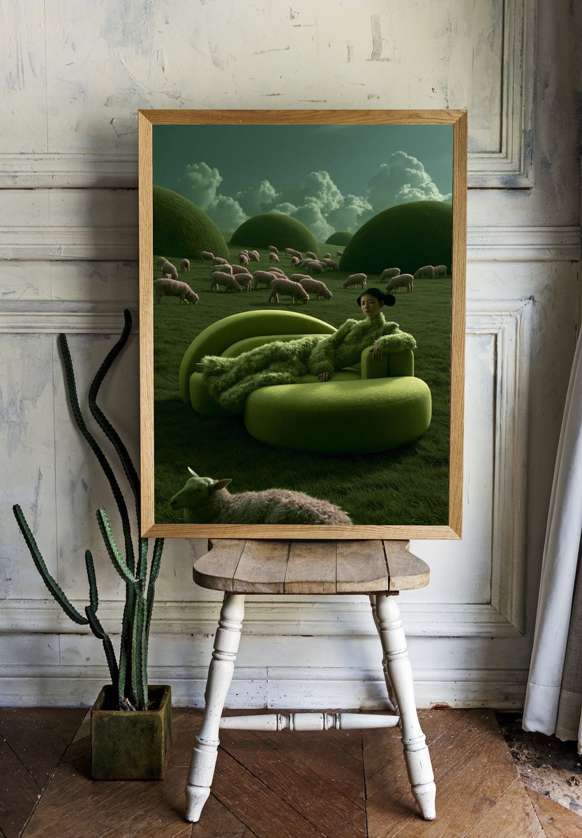 Surreal Green Pasture Illustration Poster. room preview
