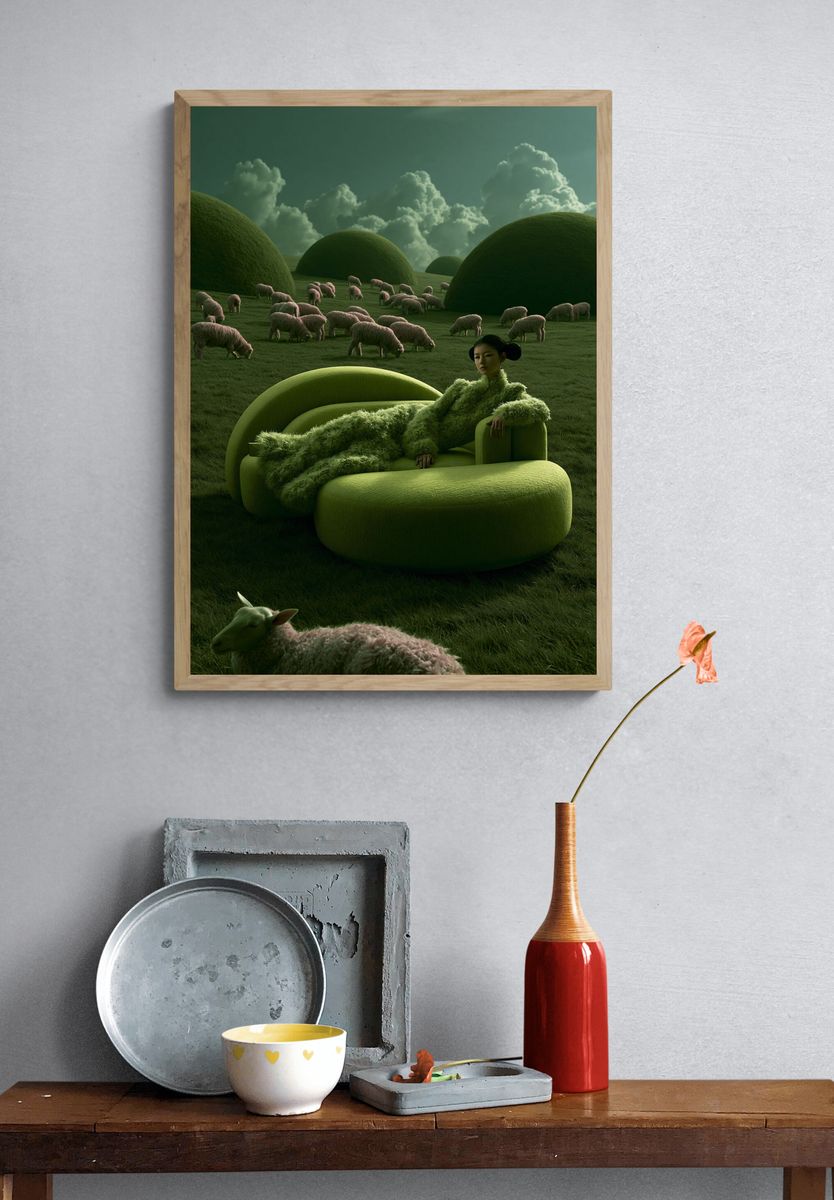 Surreal Green Pasture Illustration Poster. — room view 3