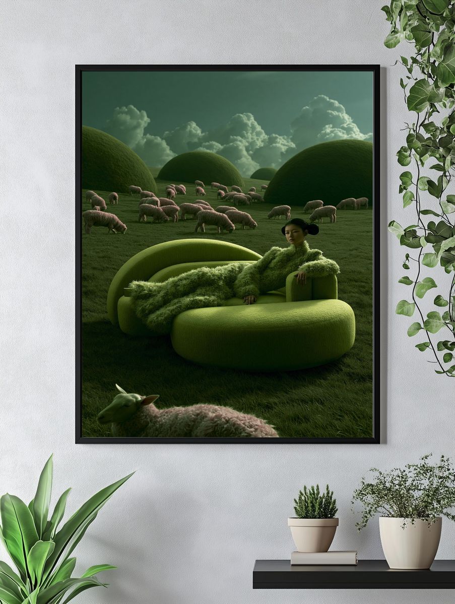 Surreal Green Pasture Illustration Poster. — room view 4