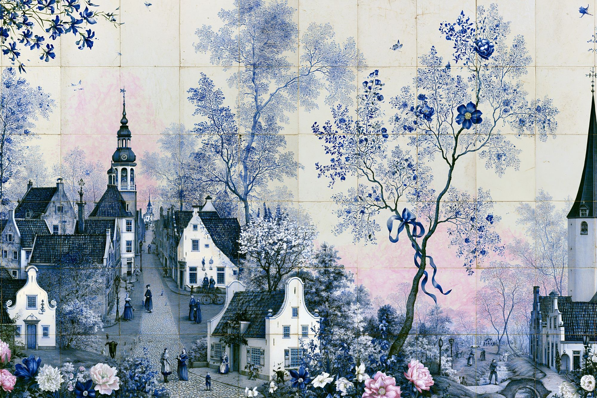 Blue Dutch Village Floral Poster. poster detail